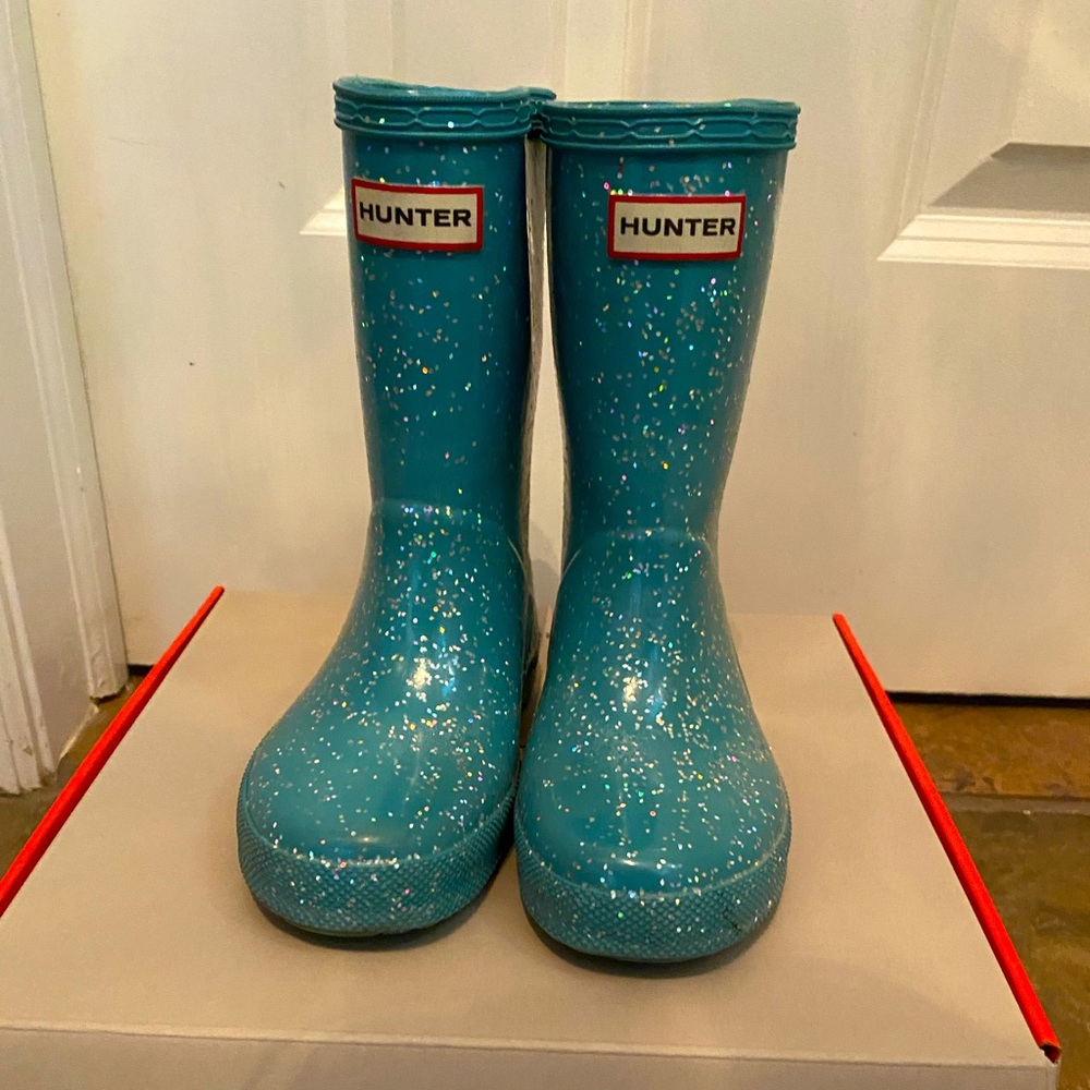 Excellent used condition teal with sparkle girls Hunter boots size 10